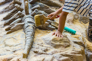 Children are learning dinosaur remains, Excavating dinosaur fossils simulation in the park.