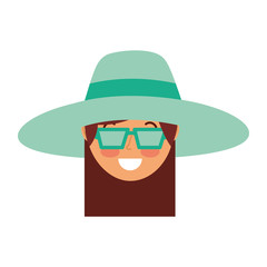 happy face woman wearing hat and sunglasses vector illustration