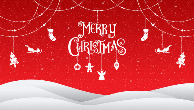 Christmas and Happy New Year 2018, Typography, Xmas red background with winter landscape with snowflakes, vector Illustration.
