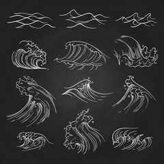Hand drawn sea storm waves on blackboard