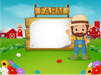 farmer with a blank wooden sign