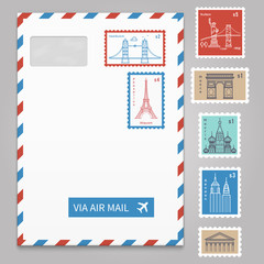 Envelope with postage stamps with line travelling city
