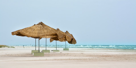 The beach with straw umbrellas and strong wind which carries the sand on the beach