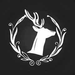 Chalkboard hipster logo with hand drawn wreath and deer head silhouette