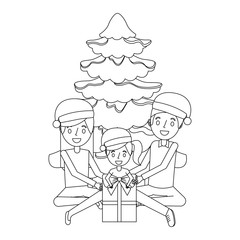 happy familiy the parents and daughter with christmas tree and gift vector illustration outline