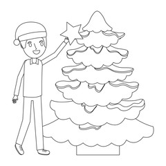 happy dad holding the star christmas tree decoration vector illustration outline