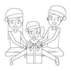 family wearing christmas hat with gift box vector illustration outline
