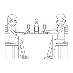 couple parents sitting with wine bottle glass vector illustration outline