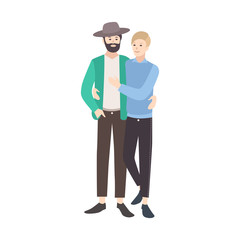Couple of young men dressed in modern clothing standing together, embracing and smiling. Cute gay couple. Male cartoon characters isolated on white background. Colorful flat vector illustration.