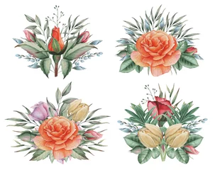 Meubelstickers Hand painted watercolor charming combination of Flowers and Leaves, isolated on white background. © SquirrelStudio