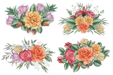 Gordijnen Tropische Bladeren Hand painted watercolor charming combination of Flowers and Leaves, isolated on white background.  © SquirrelStudio