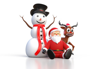 3D rendering of Santa Claus sitting on a ground with Snowman and Reindeer isolated on white background.