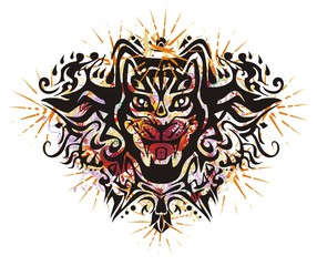 Obraz premium Grunge cat head with red hearts and stars. Closeup aggressive muzzle of a black cat with colorful ornate elements and orange stars