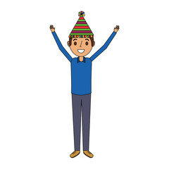 happy man wearing party hat with arms up vector illustration