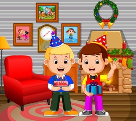 Obraz na płótnie Canvas cute kids in the living room during christmas