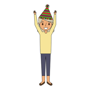 elderly woman grandma with party hat and arms up vector illustration