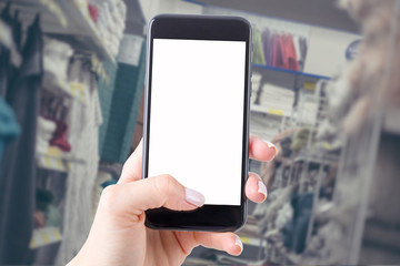 smartphone with a blank screen keeps the woman and shopping in the store