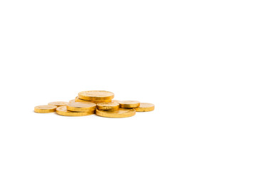 Pile of golden coins on isolated white bakcground copy space,financial concept