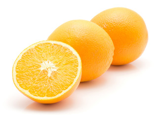 Two oranges in row and one half isolated on white background.