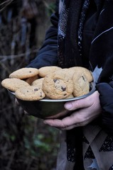 In a metal plate a homemade cookies with chunks of chocolate. Outdoors