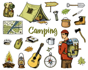 camping equipment set, outdoor adventure, hiking. Traveling man with luggage. tourism trip. engraved hand drawn in old sketch, vintage style. guitar and bear step, map and pointer. backpack and tent.