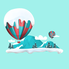 Fototapeta premium Hot air balloons in the sky. Winter landscape. Vector illustration