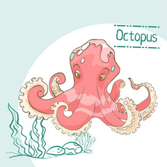Vector cute cartoon octopus with seaweed