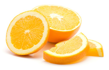 Three orange slices and one half isolated on white background sliced orange pieces.