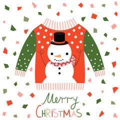 Red, pink and green vector ugly Christmas sweater with snowman greeting card with abstract confetti background