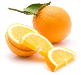 Sliced orange waterful isolated on white background one whole with green leaf and four slices.