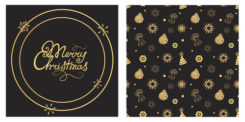 Obraz na płótnie Canvas Merry Christmas hand lettering. Ball, bell, snowflake seamless pattern. Holiday background, gift wrapping paper.