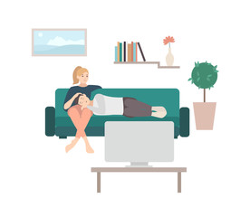 Man sleeping on lap of woman sitting on cozy sofa and watching TV or television set. Cute young couple relaxing at home. Pair of male and female cartoon characters on couch. Vector illustration.