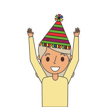 portrait elderly grandma with party hat and arms up vector illustration