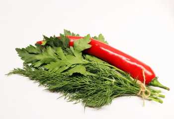 Greenery. Dill. Parsley. Chilli. A bunch of greenery and chili.