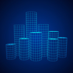 Mesh low poly wireframe Cylinder array like skyscraper city. Connected lines. Connection Box Structure. Digital Data Visualization Concept. Vector Illustration.