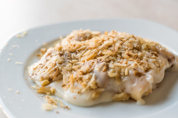 Turkish Muhallebi Pudding with Walnut, Banana and Ladyfinger Biscuits