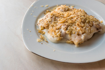Turkish Muhallebi Pudding with Walnut, Banana and Ladyfinger Biscuits