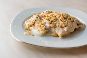 Turkish Muhallebi Pudding with Walnut, Banana and Ladyfinger Biscuits