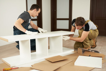 Two carpenters assembling furniture - obrazy, fototapety, plakaty