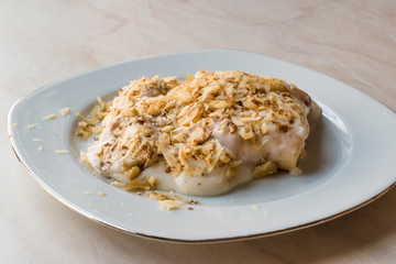 Turkish Muhallebi Pudding with Walnut, Banana and Ladyfinger Biscuits