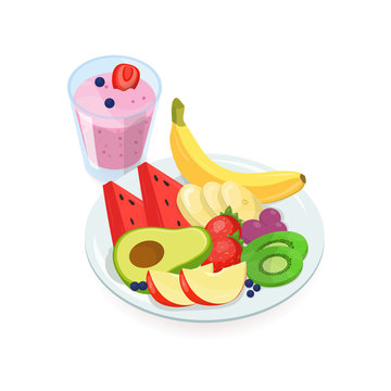 Tasty slices of fresh exotic fruits lying on plate and glass of berry smoothie isolated on white background. Delicious homemade dish, healthy vegan and vegetarian breakfast meals. Vector illustration.