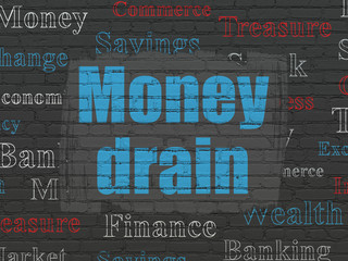 Banking concept: Painted blue text Money Drain on Black Brick wall background with  Tag Cloud
