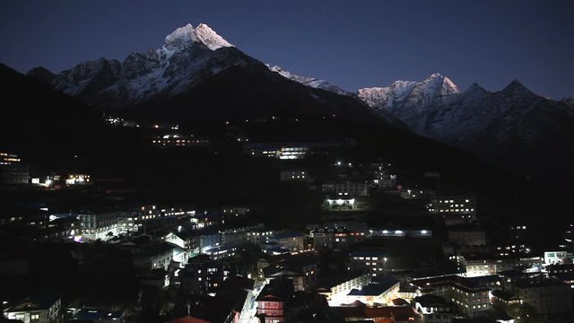 Namche Bazaar at night timelapse, Everest trek, Himalaya, Nepal