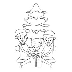happy familiy the parents and child with christmas tree and gift vector illustration sketch