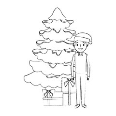 dad standing with the christmas tree and gift boxes vector illustration sketch