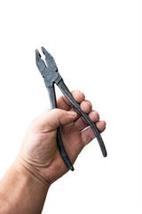 Old Pliers in a male hand isolated on white background