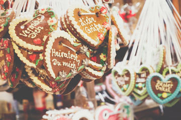Gingerbread Hearts at German Christmas Market. Berlin. Traditional ginger bread cookies.