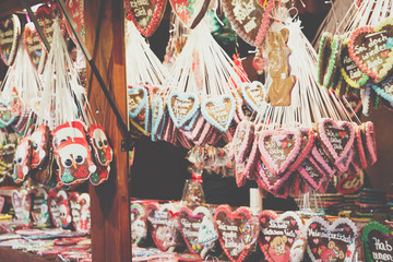 Gingerbread Hearts at German Christmas Market. Berlin. Traditional ginger bread cookies.