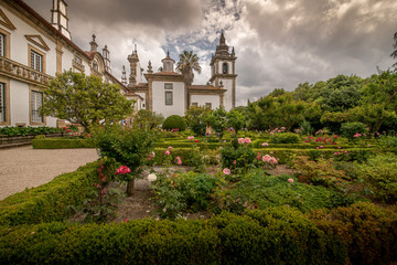 Fototapeta na wymiar n the old park. Beautiful flower bed, roses. Portugal.