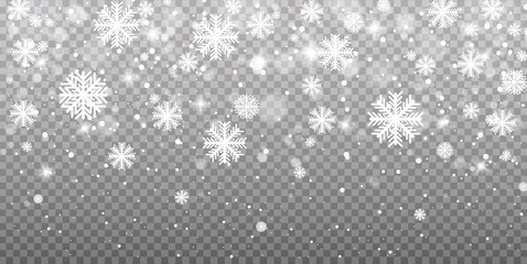 Falling snow on a transparent background. Vector illustration 10 EPS. Abstract snowflake background. Fall of snow.